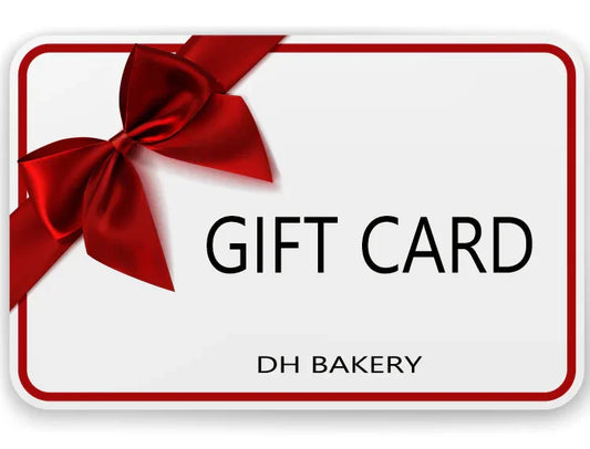 Bakery gift card with red ribbon and bow on white background