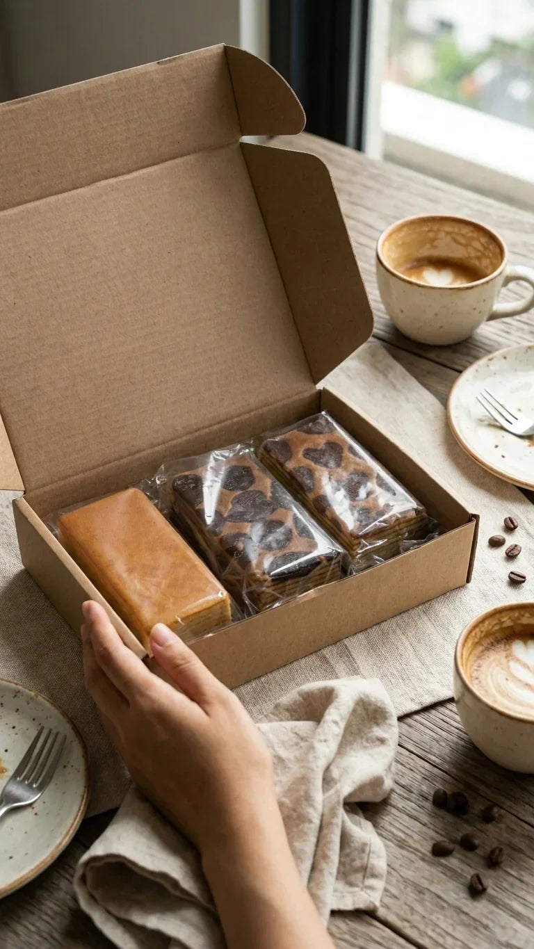 Assorted layer cakes in a cardboard gift box on rustic wooden table with coffee cups