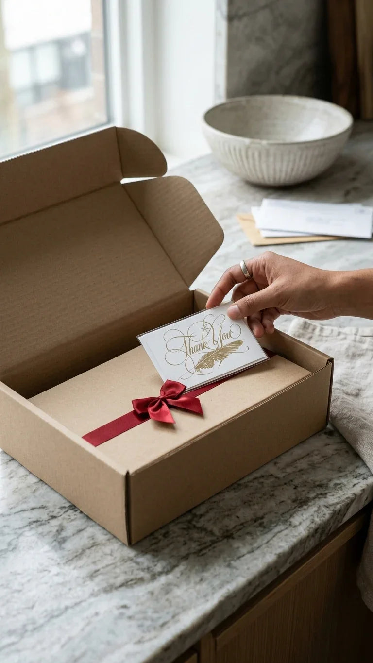 Brown gift box with red ribbon and thank you card on marble kitchen countertop.